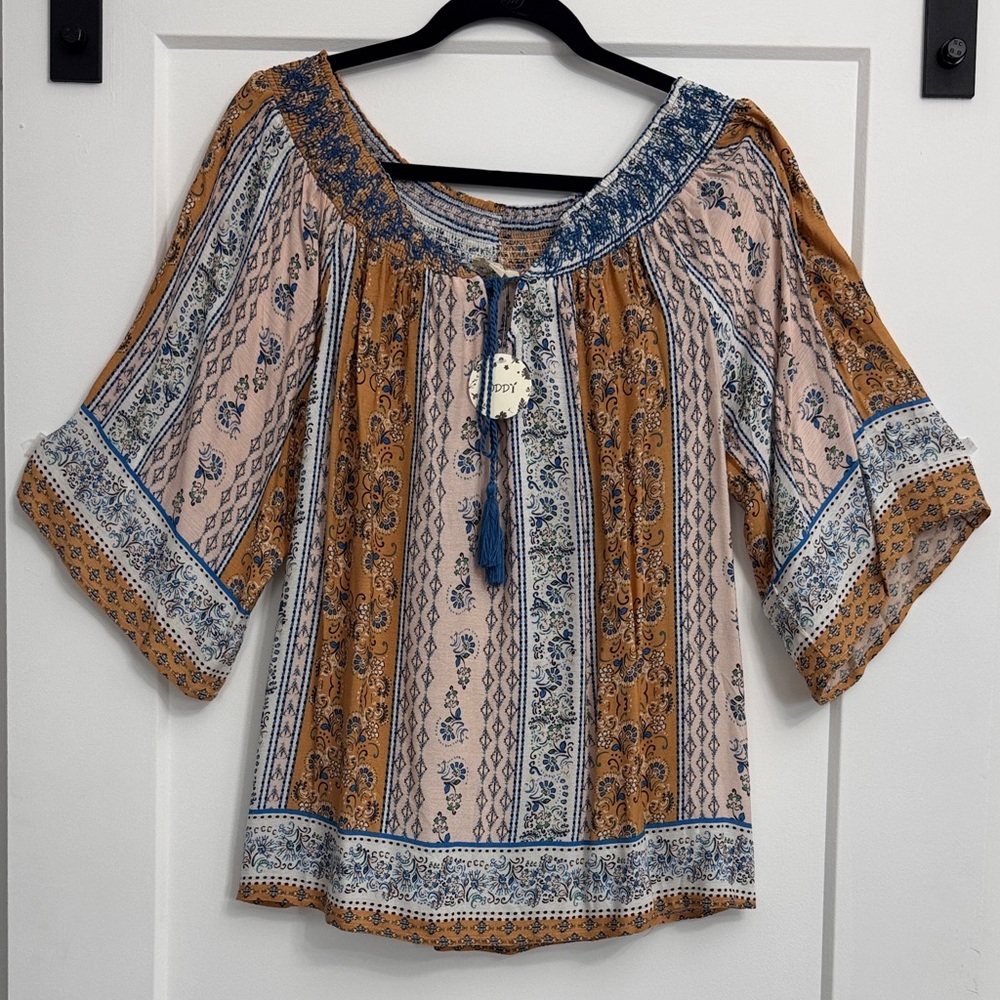 ODDY Bohemian Women's Blouse with Blue and Brown Patterns.